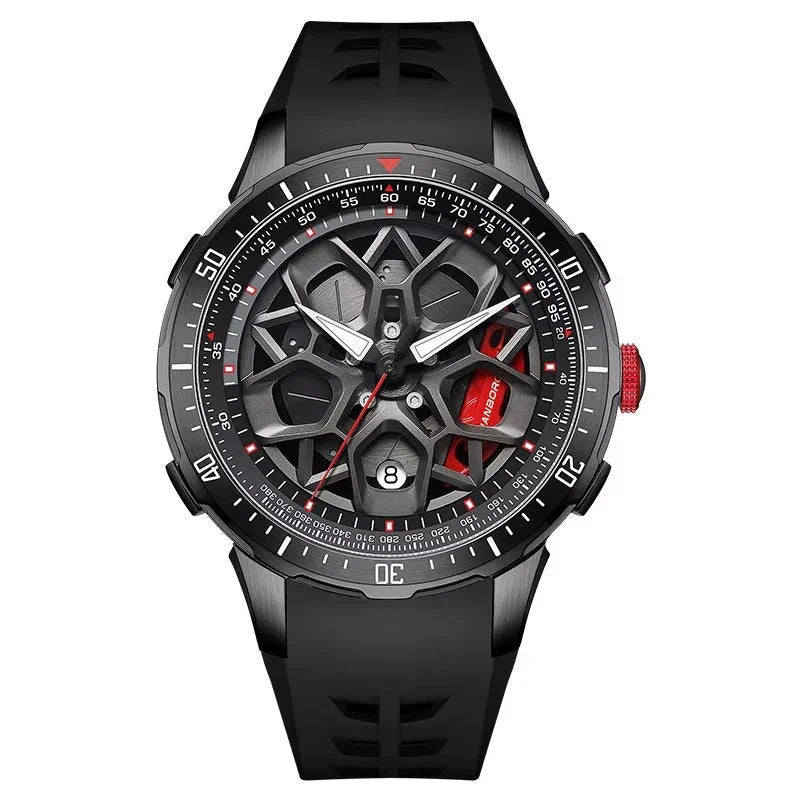 Motorsport-inspired skeleton dial watch with black case, red accents, and sporty rubber strap
