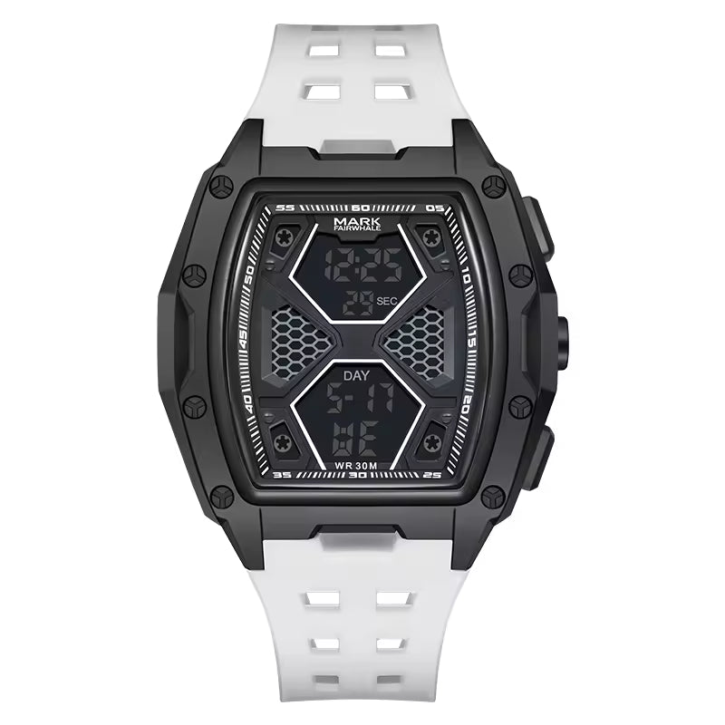 Black tonneau digital sport-luxury watch with hexagonal dial and white perforated strap