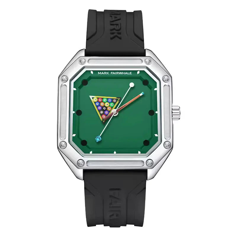 Square sport-luxury watch with green face, billiards motif, black silicone strap, silver bezel