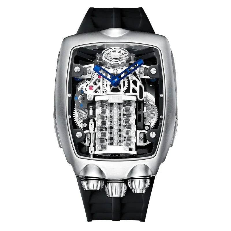 Motorsport-inspired skeleton dial watch with transparent case, blue hands, and black strap