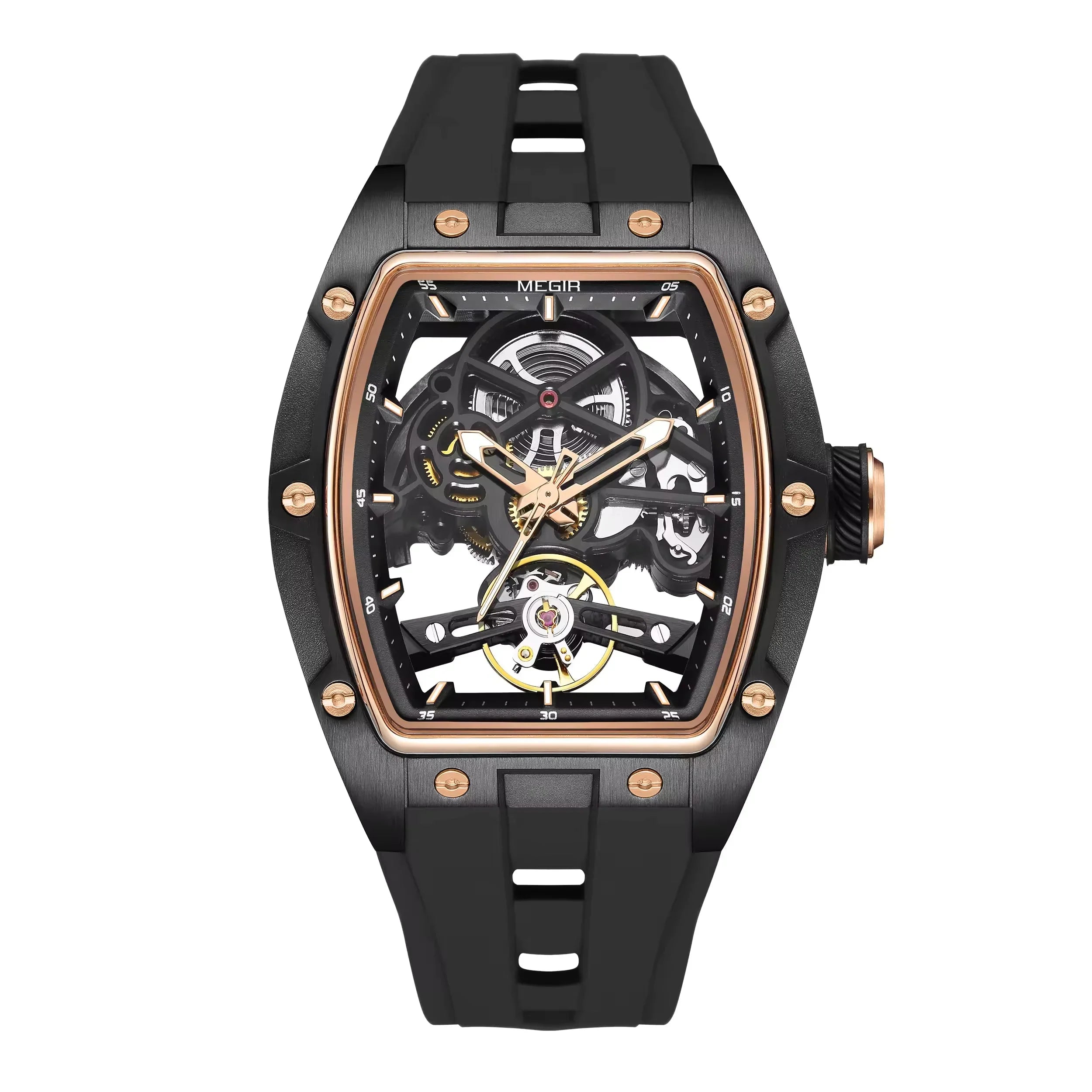 Luxury skeleton racing watch with tonneau-shaped black case, gold accents, sporty black strap