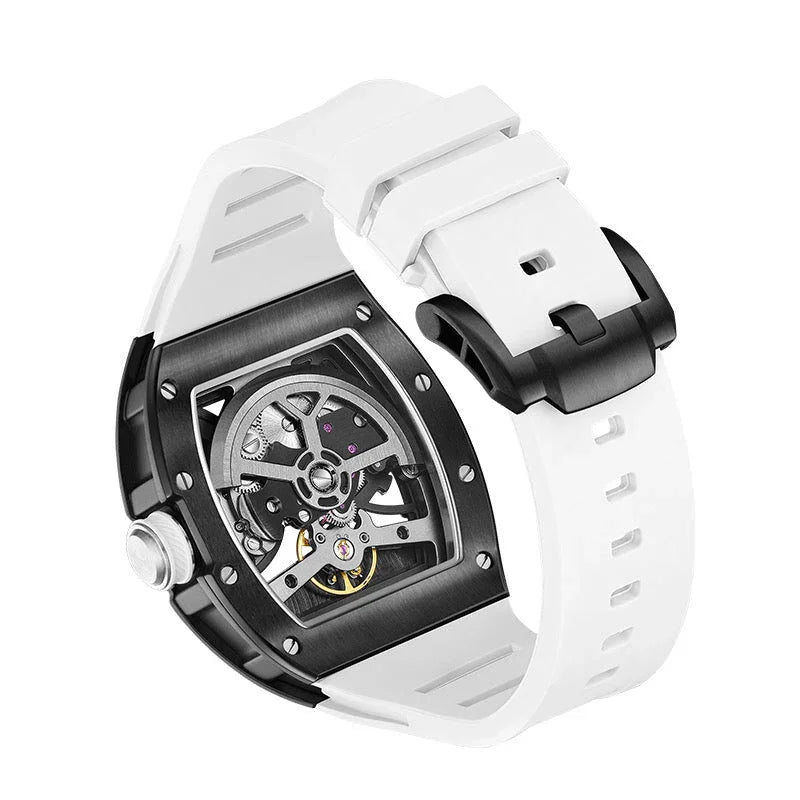 Luxury skeleton sports watch with tonneau case, visible mechanics, and white rubber strap
