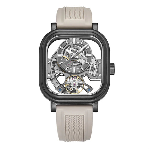Luxury skeleton watch with carbon fiber case, tourbillon, and sporty rubber strap — motorsport-inspired design