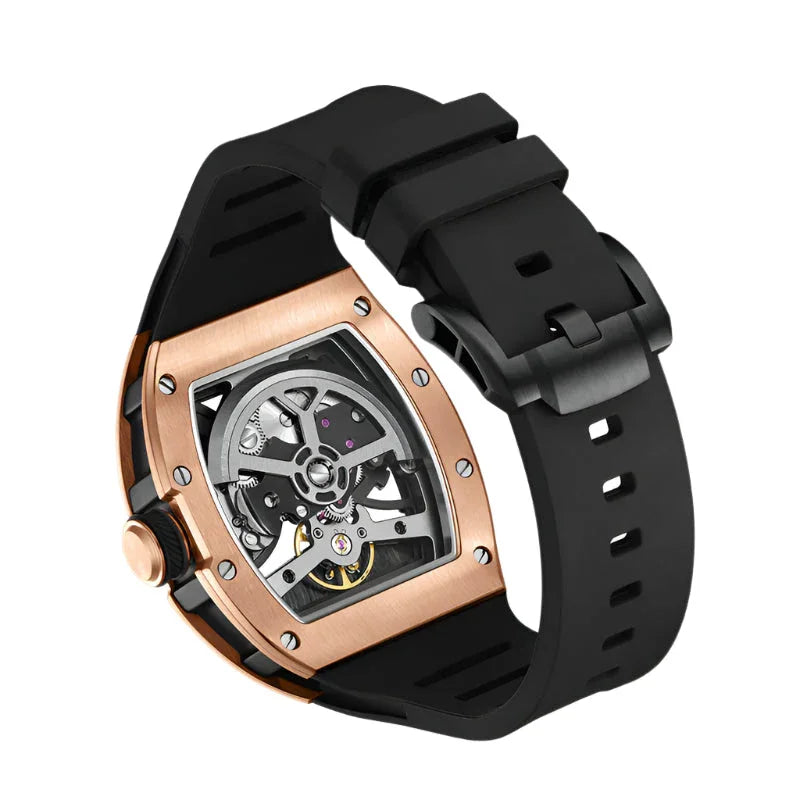 Luxury sport-inspired watch with rose gold case, skeleton dial, and black silicone strap