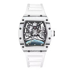 Motorsport-inspired skeleton watch with white case, white strap, and intricate openwork dial