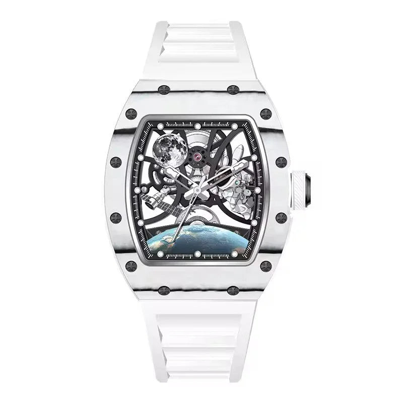 Motorsport-inspired skeleton watch with white case, white strap, and intricate openwork dial