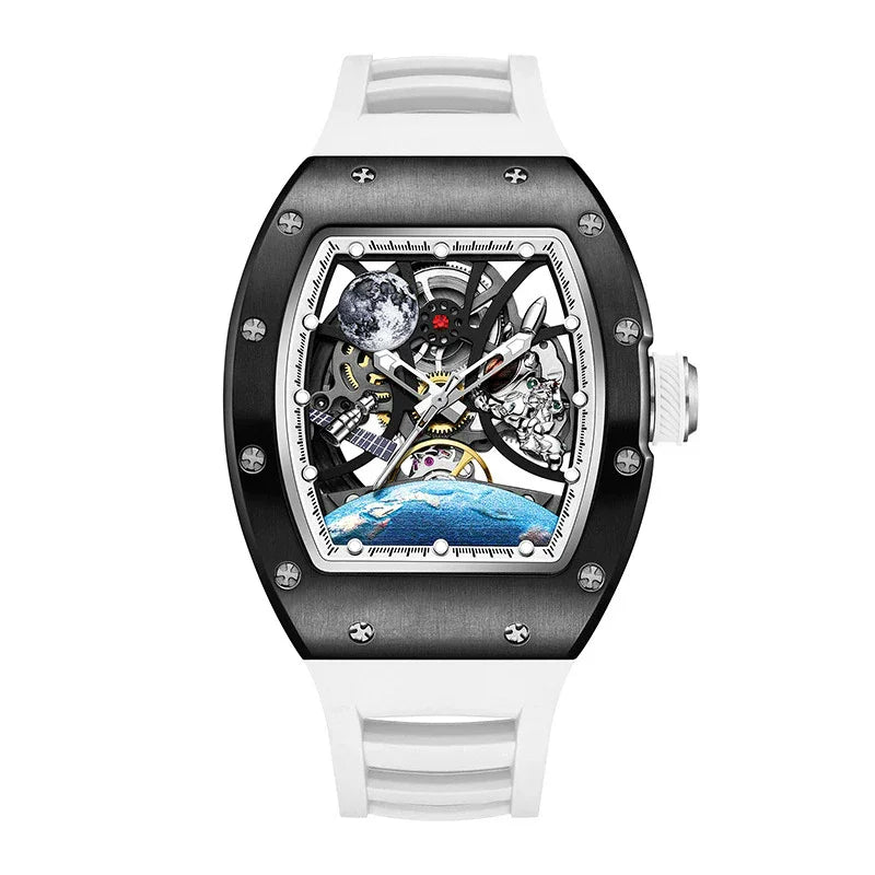 Luxury sport-inspired skeleton watch with black case, white band, space-themed dial details