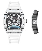 Motorsport-inspired luxury watch with white case, skeleton dial, and space-themed details