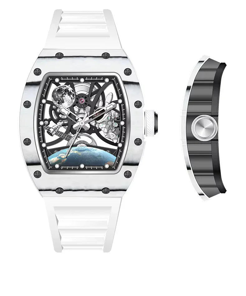 Motorsport-inspired luxury watch with white case, skeleton dial, and space-themed details