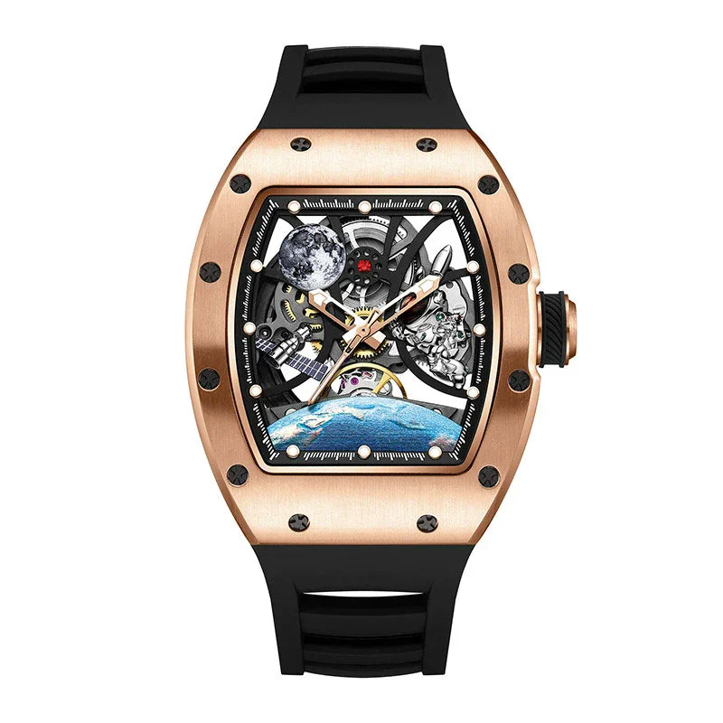 Luxury skeleton watch with rose gold tonneau case, black strap, open dial showing moon and Earth, motorsport-inspired details, and refined European design.