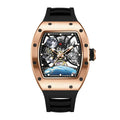 Luxury skeleton watch with rose gold tonneau case, black strap, open dial showing moon and Earth, motorsport-inspired details, and refined European design.