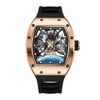 Luxury skeleton watch with rose gold tonneau case, black strap, open dial showing moon and Earth, motorsport-inspired details, and refined European design.