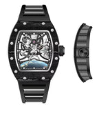 Luxury motorsport-inspired skeleton watch with black tonneau case, moonphase, and visible gears