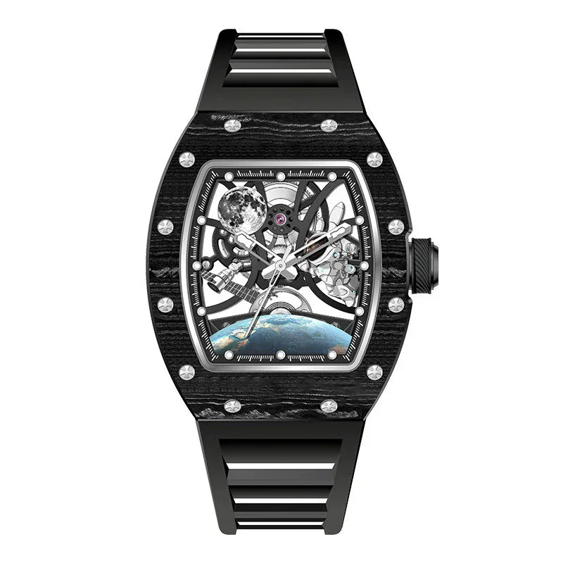 Motorsport-inspired skeleton watch with black carbon fiber case, bold dial, and moon phase accent