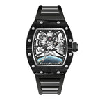 Motorsport-inspired skeleton watch with black carbon fiber case, bold dial, and moon phase accent