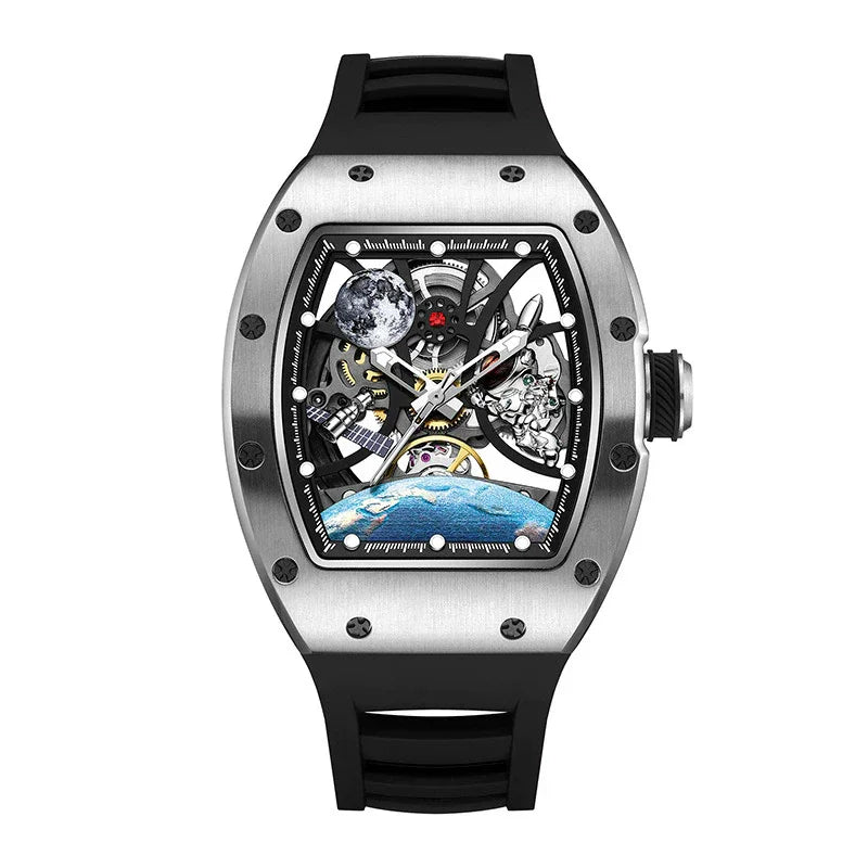Luxury skeleton sport watch with tonneau case, space-themed dial, black rubber strap