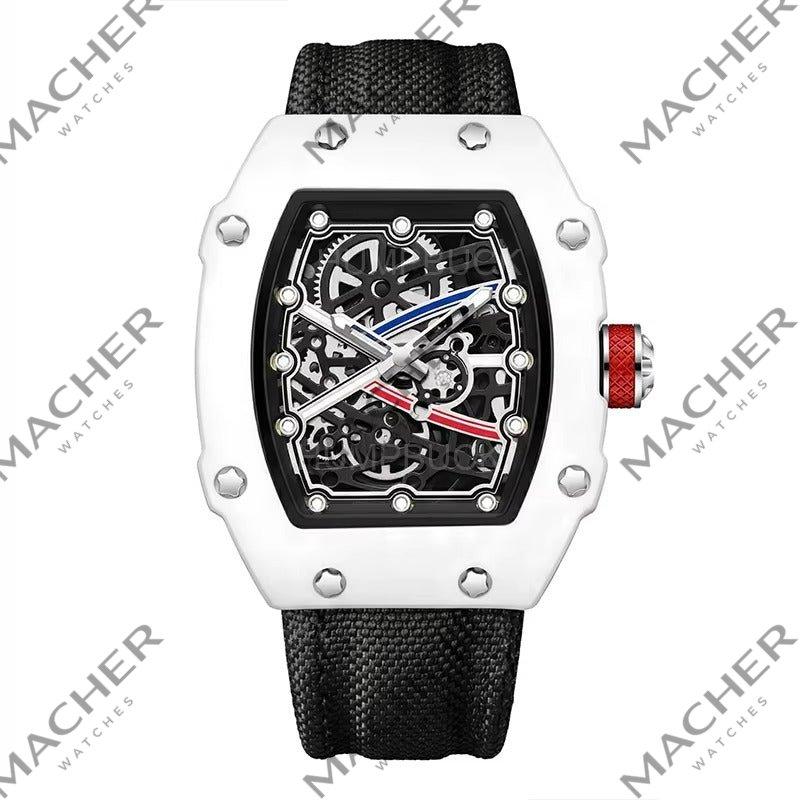 Luxury skeleton watch with white case, black strap, red crown, inspired by motorsport design
