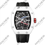 Luxury skeleton watch with white case, black strap, red crown, inspired by motorsport design