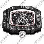 Carbon fiber skeleton watch with bold motorsport design, exposed gears, and sport-luxury aesthetic