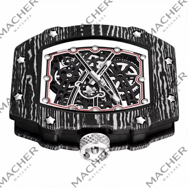 Carbon fiber skeleton watch with bold motorsport design, exposed gears, and sport-luxury aesthetic