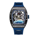 Luxury skeleton watch with blue band, openwork dial and space-themed design elements