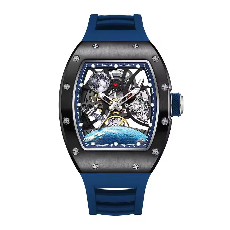 Luxury skeleton watch with blue band, openwork dial and space-themed design elements