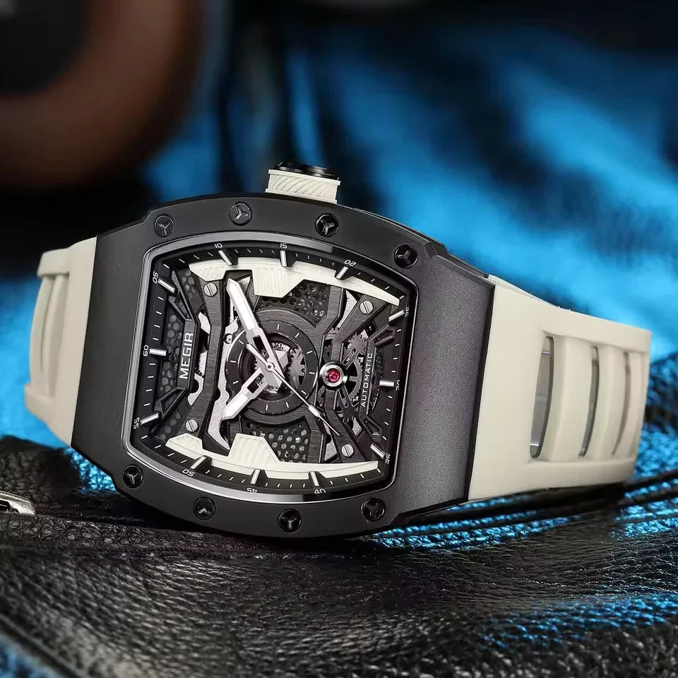 Luxury motorsport-inspired skeleton watch with bold black case, white strap, and visible mechanism