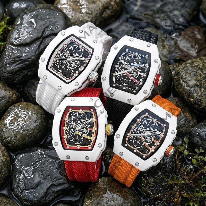 Luxury sport chronograph watches with carbon fiber cases, bold straps, and skeleton dials on wet rocks.