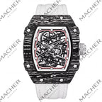 Carbon fiber case skeleton watch with white strap, motorsport-inspired luxury timepiece for bold style