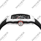 White carbon fiber racing watch with skeleton dial, red crown, and black strap — motorsport-inspired luxury timepiece
