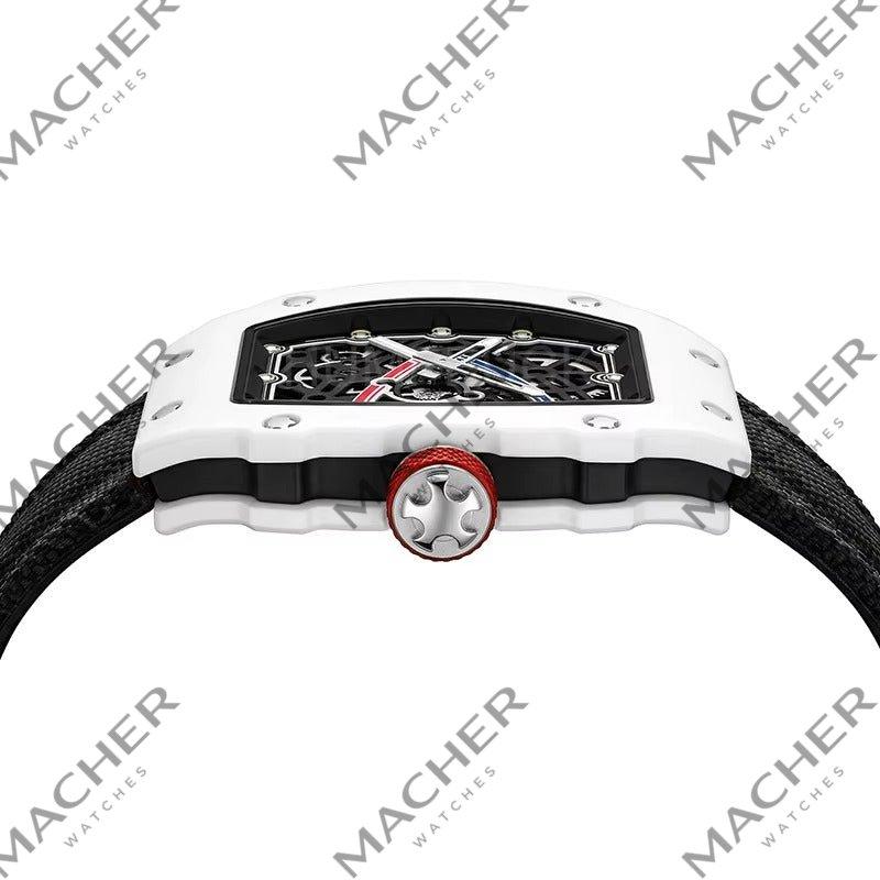 White carbon fiber racing watch with skeleton dial, red crown, and black strap — motorsport-inspired luxury timepiece