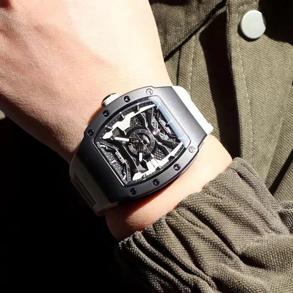 Modern motorsport-inspired tonneau watch with skeleton dial and bold wrist presence