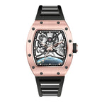 Luxury sport-inspired skeleton watch with rose gold case, black strap, and celestial dial design