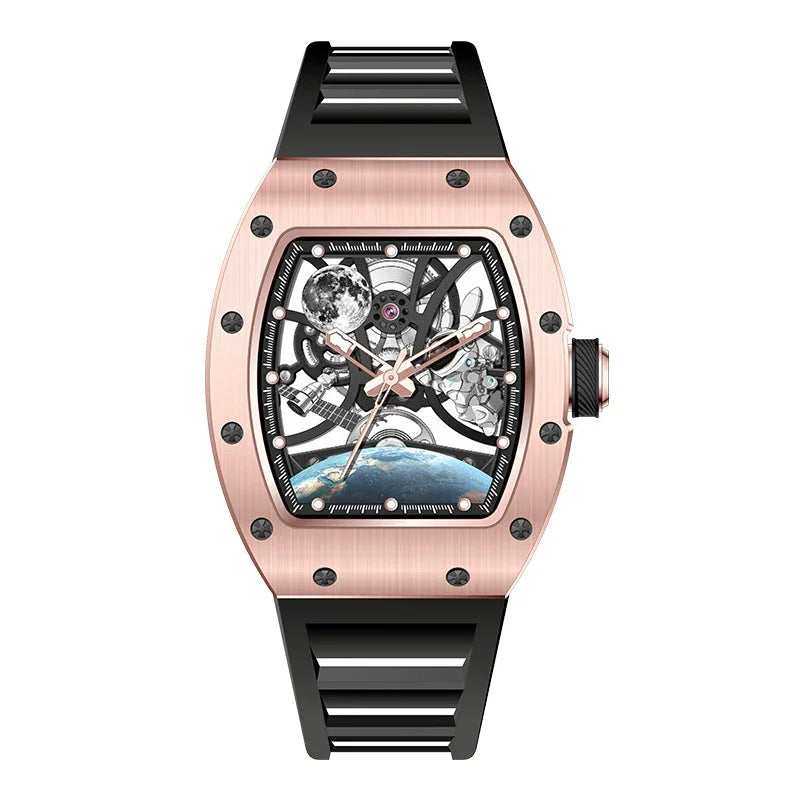 Luxury sport-inspired skeleton watch with rose gold case, black strap, and celestial dial design