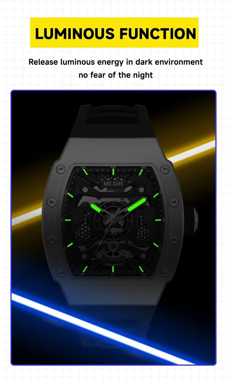 Motorsport-inspired luminous sport-luxury watch with glowing green markers and bold case