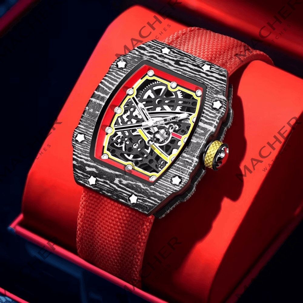 Luxury skeleton watch with carbon fiber case, red strap, and racing-inspired design for bold everyday wear