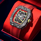 Luxury skeleton watch with carbon fiber case, red strap, and racing-inspired design for bold everyday wear