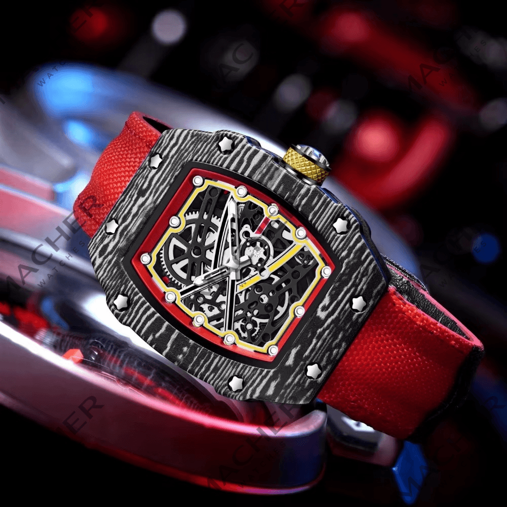 Carbon fiber chronograph watch with red strap, motorsport-inspired skeleton dial and bold sport-luxury design