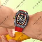 Carbon fiber skeleton watch with red strap, motorsport-inspired luxury timepiece for bold everyday wear