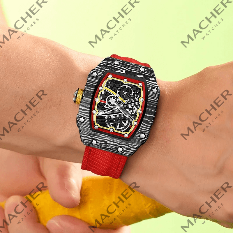 Carbon fiber skeleton watch with red strap, motorsport-inspired luxury timepiece for bold everyday wear