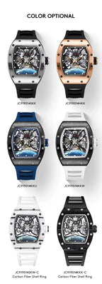 Motorsport-inspired sport-luxury watches with exposed skeleton dials, bold cases, and color strap options