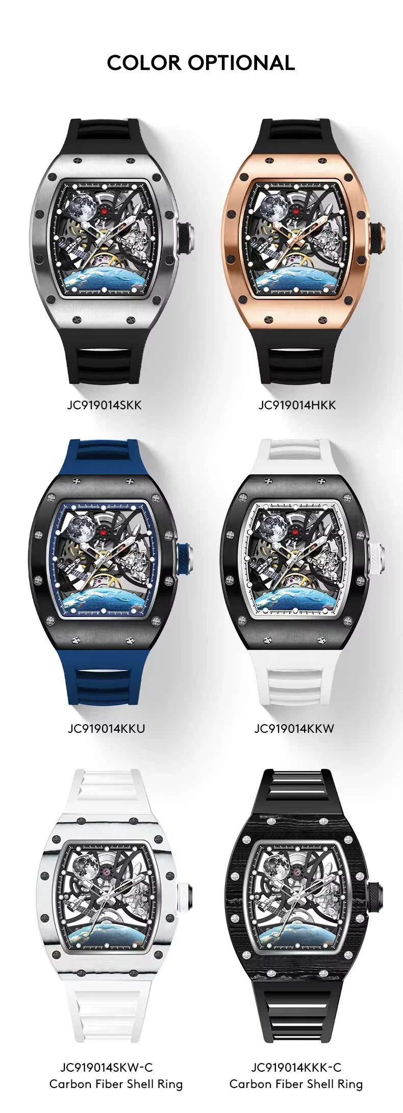 Motorsport-inspired sport-luxury watches with exposed skeleton dials, bold cases, and color strap options