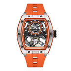 Orange strap skeleton sports watch with tonneau case, inspired by European motorsport design