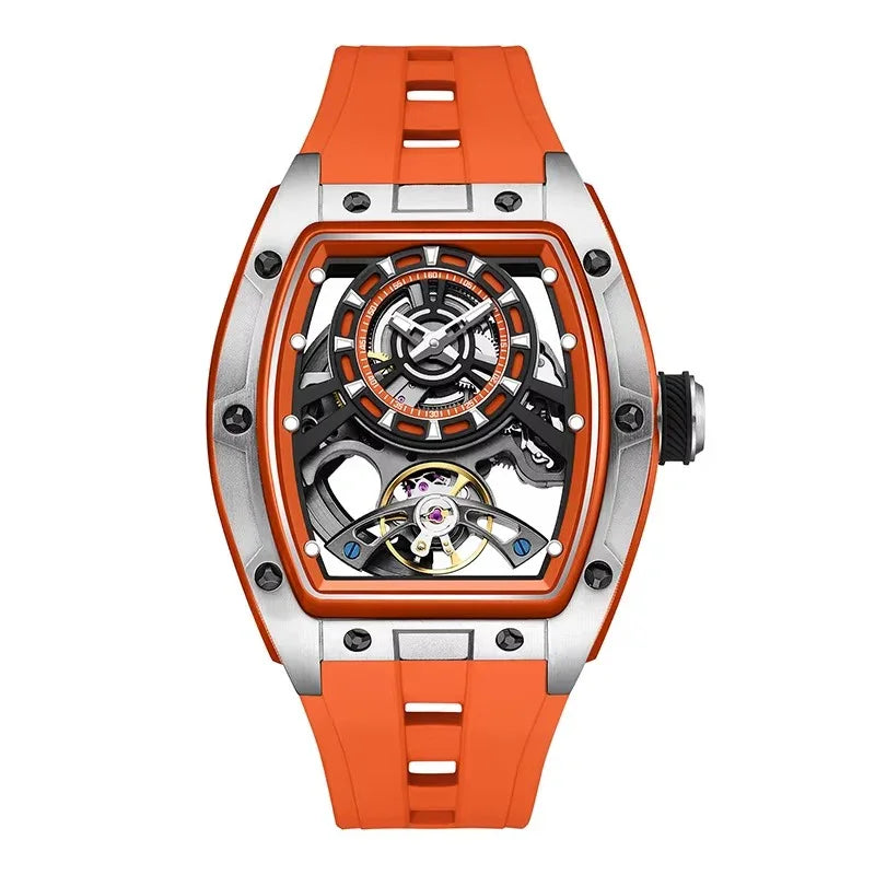 Orange strap skeleton sports watch with tonneau case, inspired by European motorsport design