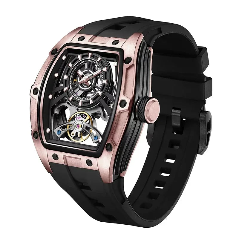 Luxury sport-inspired watch with rose gold-toned tonneau case, skeleton dial, and black rubber strap