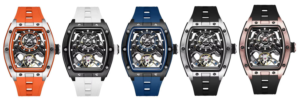 Five luxury sport-inspired watches with bold tonneau cases, visible skeleton dials, and colored straps.