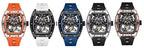 Five luxury sport-inspired watches with bold tonneau cases, visible skeleton dials, and colored straps.
