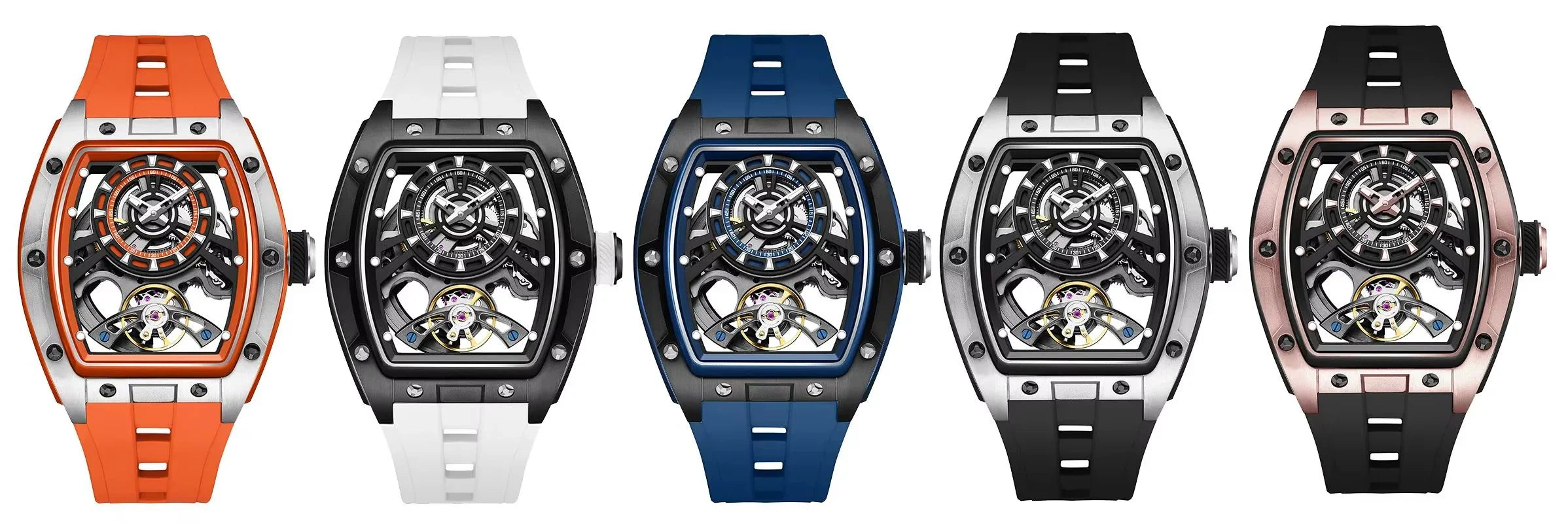 Five luxury sport-inspired watches with bold tonneau cases, visible skeleton dials, and colored straps.