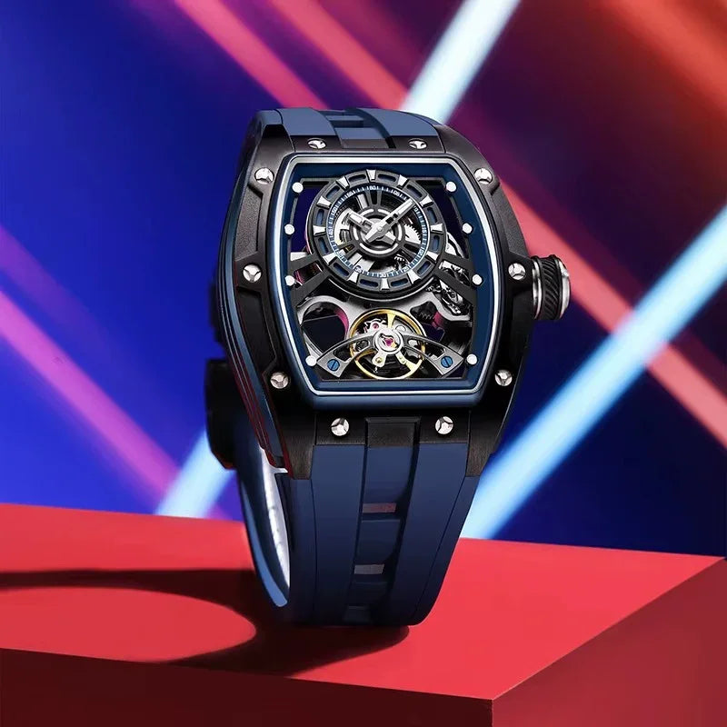 Luxury racing-inspired sport watch with blue strap, skeleton dial and bold tonneau case
