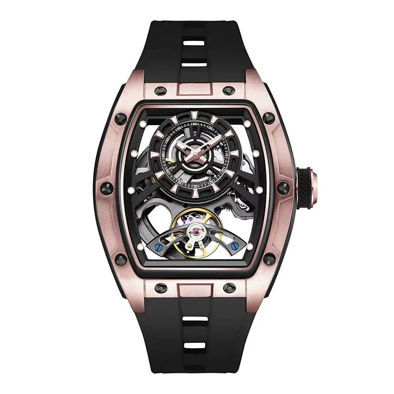 Motorsport-inspired luxury watch with rose gold-toned case, skeleton dial, black rubber strap